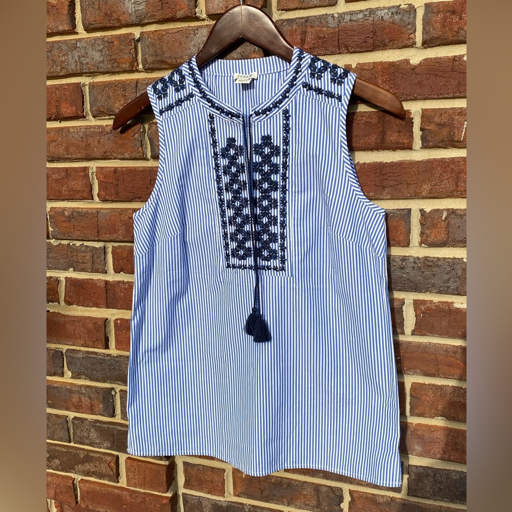 J. CREW 00 EMBROIDERED STRIPED TOP SLEEVELESS TASSELS PULLOVER BOHO COTTON